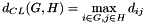 \[ d_{CL}(G, H) = \max_{i\in G, j\in H} d_{ij} \]